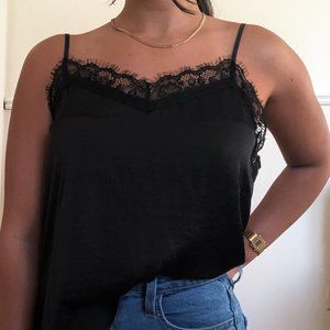 Black Satin Top with Lace Trim